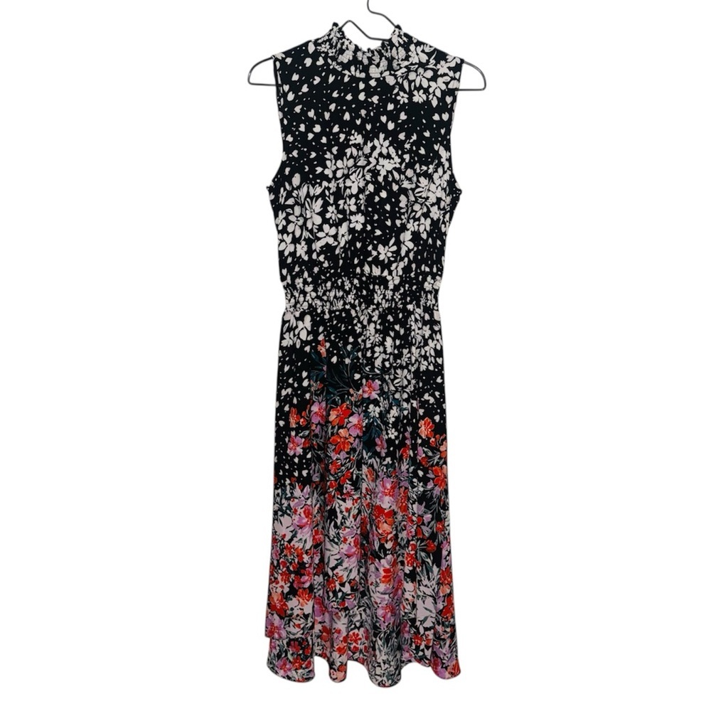 Nanette Lepore Black Floral Smocked Waist Chiffon Midi Dress